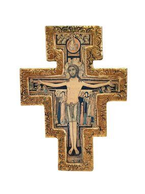 San Damiano Style Wooden Cross With Religious Iconography & Gold Detailing READ